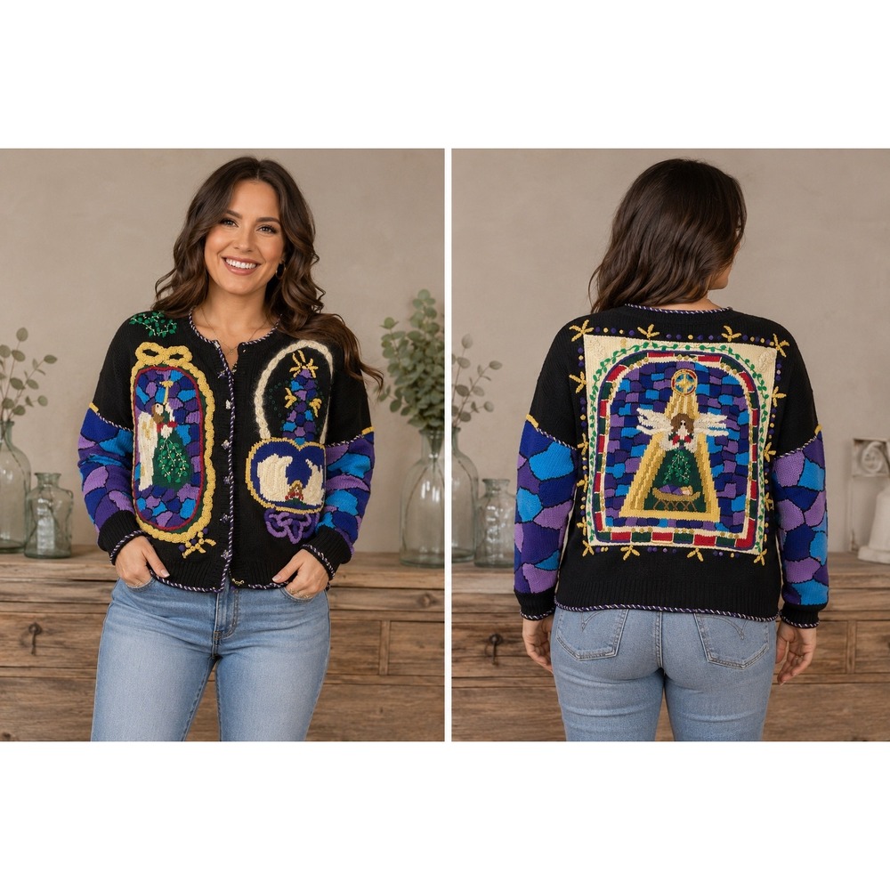 Vintage Christmas Cardigan Stained Glass Angel Nativity Embroidered Knit Sweater